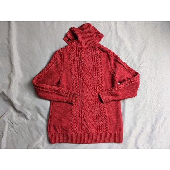 L.L. Bean Sweater Red Cable Knit Fisherman Button Up Turtleneck Womens Size L - Picture 4 of 12